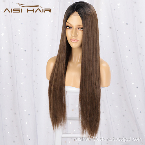 Aisi Hair 26 Inch Long Silky Straight Swiss Lace Wig Wholesale Middle Part Ombre Brown Synthetic Hair Wigs For Black Women